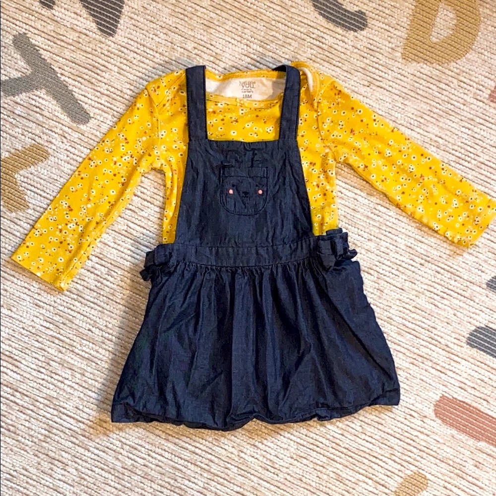 Yellow Floral Top with Navy Blue Bunny Pocket Dress 18M